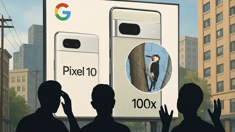 Странная реклама Google Pixel 10 с демонстрацией функции 100-кратного зума, вызывающая вопросы у зрителей.