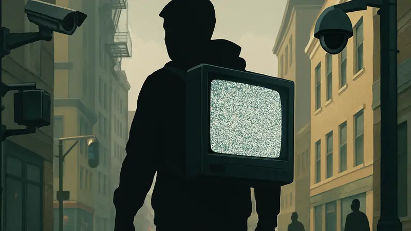 Ютубер с телевизором на спине, имитирующим анти-следящее устройство