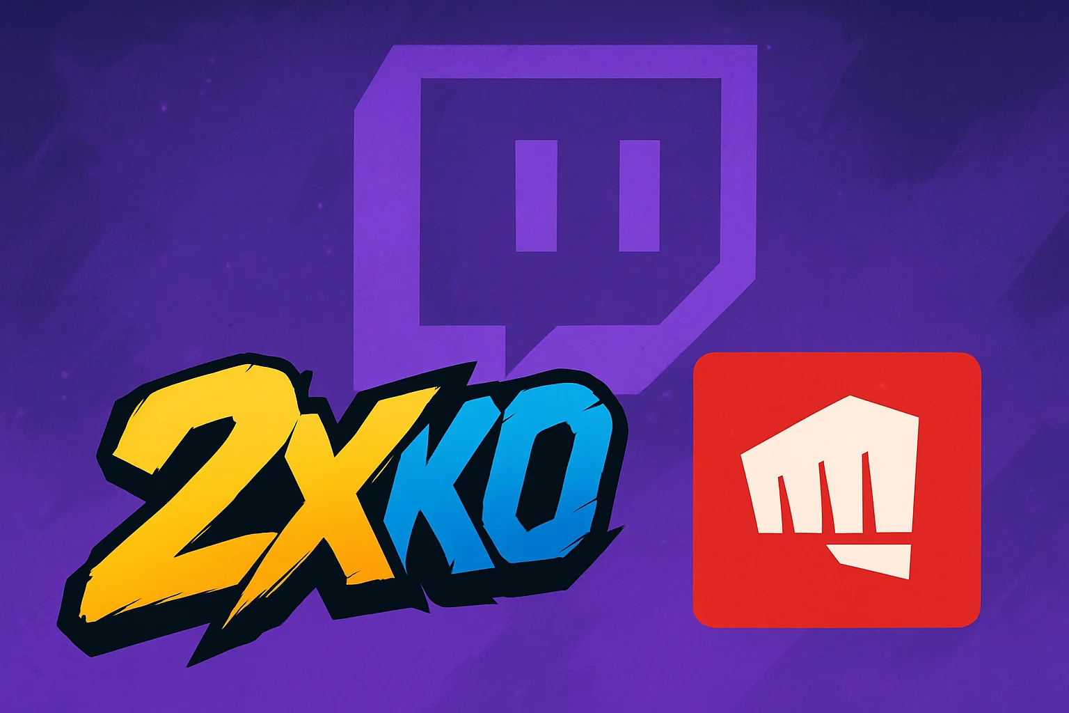 Логотип игры 2XKO или Riot Games на фоне платформы Twitch, символизирующий игровую рекламную кампанию.