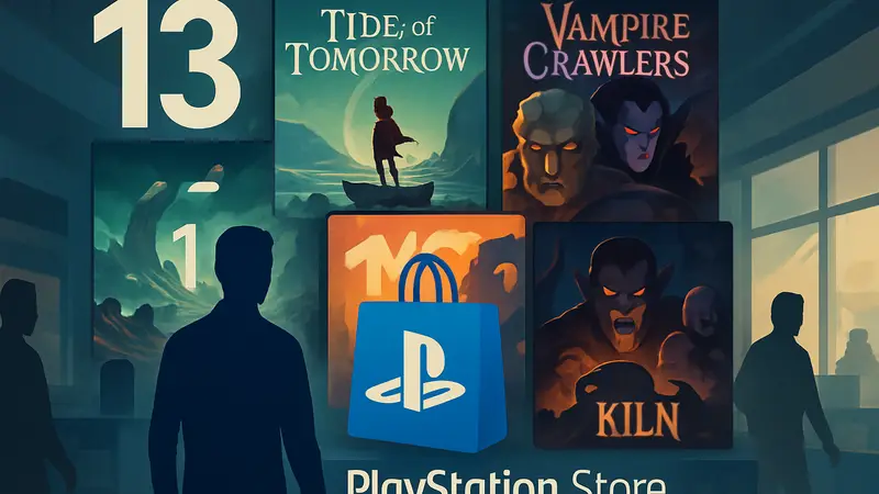 Логотип PlayStation Store с анонсом 13 новых игр, обложки новинок.