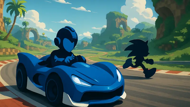 Мегамен в гоночном болиде из Sonic Racing: CrossWorlds на трассе вместе с Соником