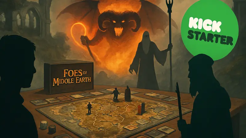 Иллюстрация настольной игры Foes of Middle-earth с Балрогом и Саруманом, логотип Kickstarter.