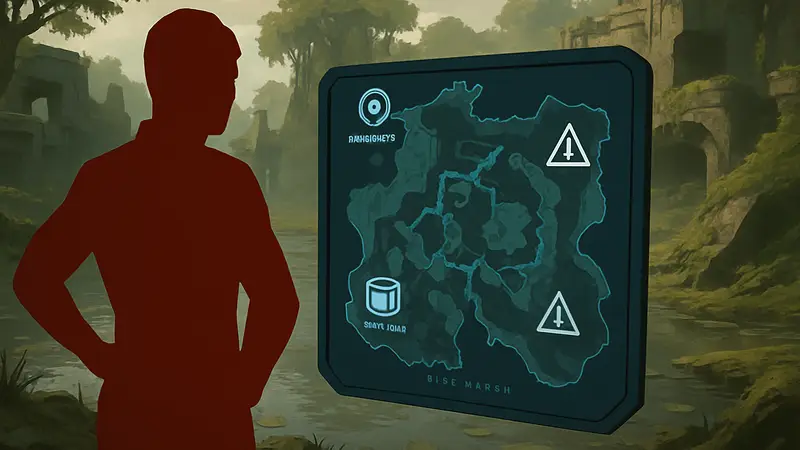 Интерактивная карта локации Dire Marsh в игре Marathon, показывающая ключевые точки