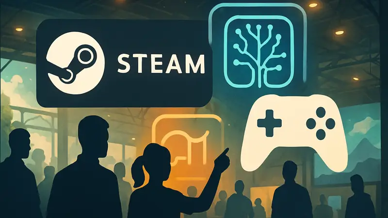 Логотип Steam Next Fest с элементами, символизирующими ИИ-генерацию и игровую индустрию
