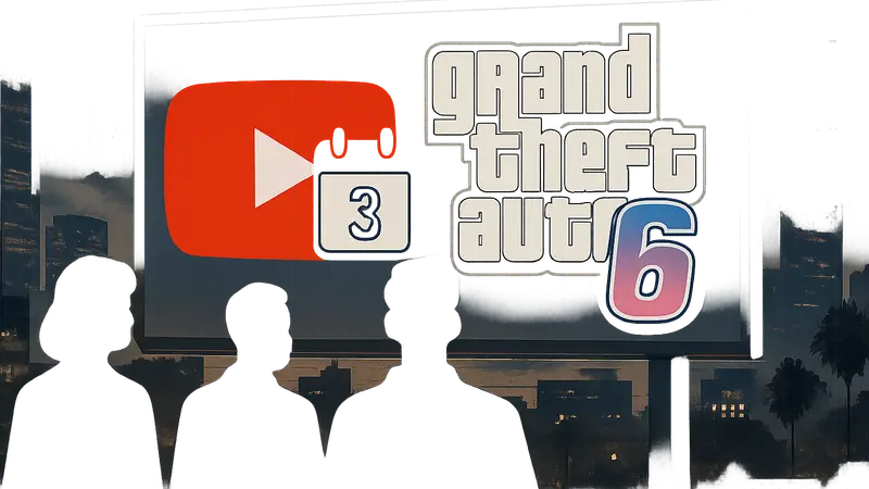 Изображение: Логотип GTA 6 на фоне значка YouTube, намекающего на третий трейлер и его возможную дату.