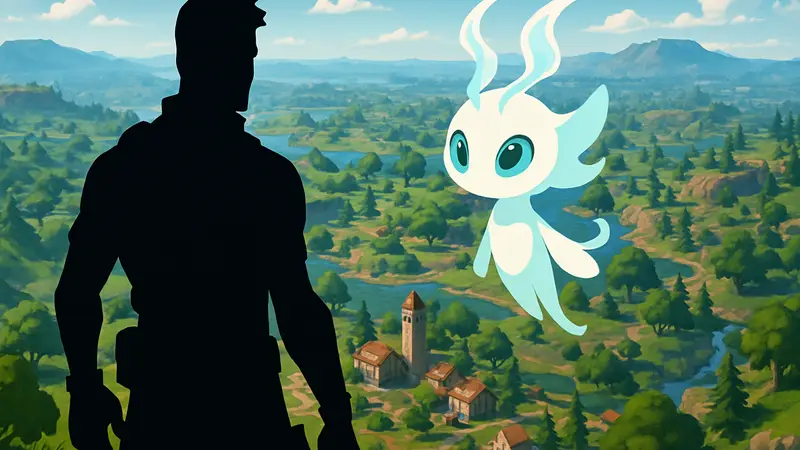 Персонаж Fortnite стоит рядом с летающим Dream Sprite на фоне карты