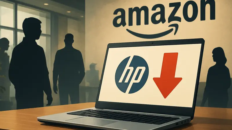 Открытый ноутбук HP 15.6-дюймов (2026 года) на столе с логотипом Amazon на заднем плане, символизирующий скидку.