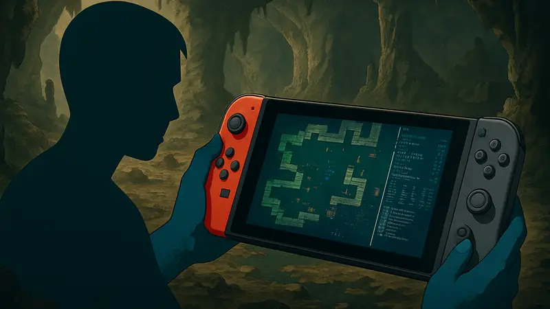 Игровой процесс roguelike-игры Caves of Qud на Nintendo Switch с пиксельной графикой и элементами интерфейса