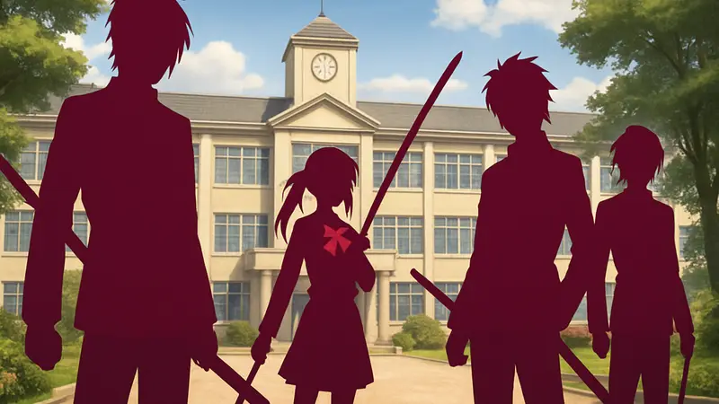 Персонажи Hakuoki SSL: Sweet School Life в школьной форме с самурайск ими мечами.