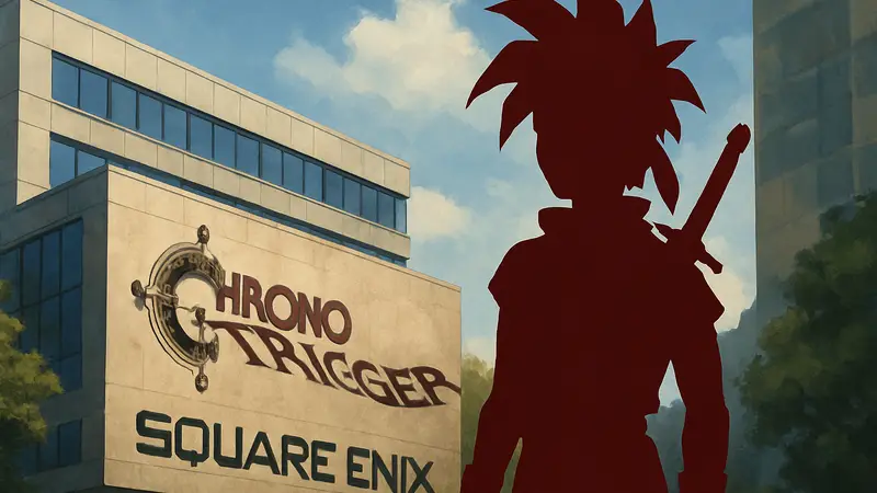 Изображение главного героя Chrono Trigger Кроно на фоне логотипа Square Enix, анонс ремейка