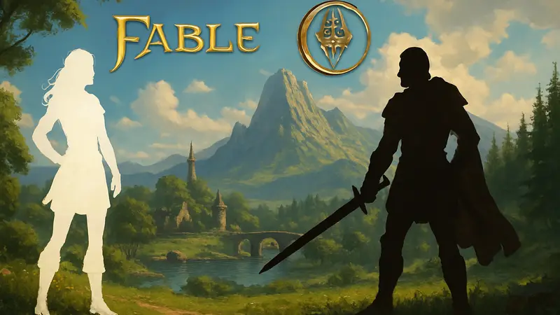Логотипы игр Fable и The Elder Scrolls 6 на фоне фэнтези-мира, символизирующие конкуренцию.
