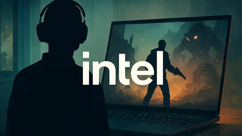 Логотип Intel на фоне игрового ноутбука, символизирующего возвращение компании в гейминг.