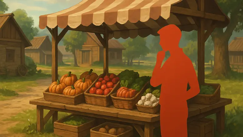 Скриншот игры Old Market Simulator, показывающий деревенский рынок и продукты