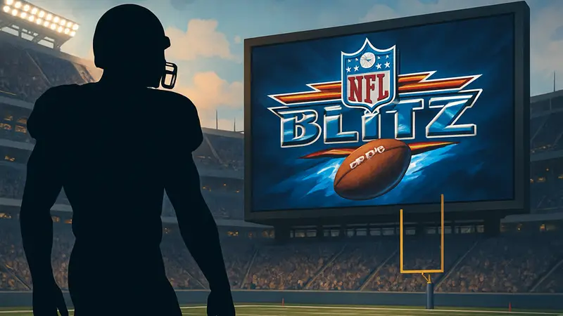 Легендарная игра NFL Blitz на фоне стадиона Супербоул, ностальгия по спортивной классике.