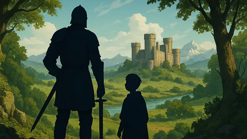 Постер сериала "Рыцарь Семи Королевств", персонажи Дунк и Эгг на фоне фэнтези мира