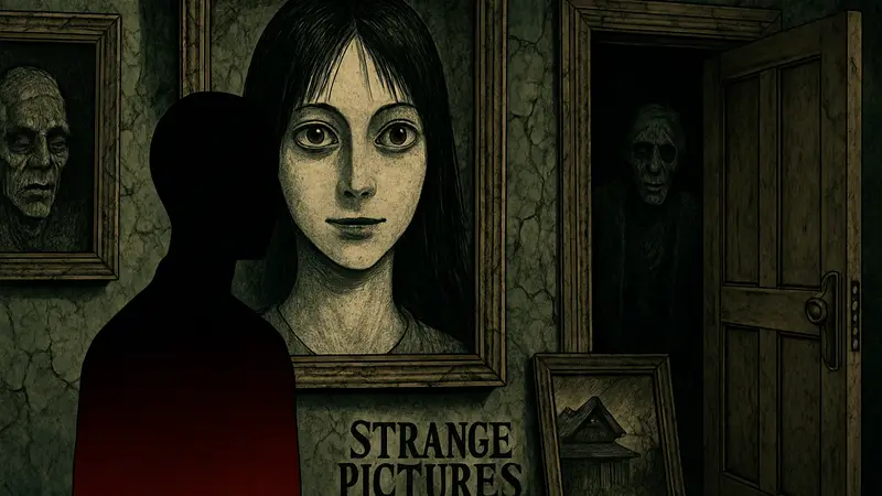 Обложка хоррор-манги «Strange Pictures Vol. 1» с мрачными иллюстрациями.