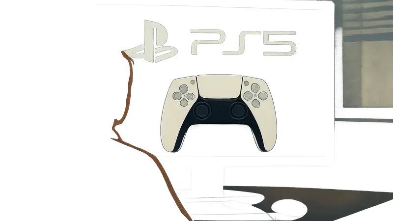 Логотип PlayStation 5 на фоне ПК-монитора с геймпадом DualSense, символизирующий ПК-порты.