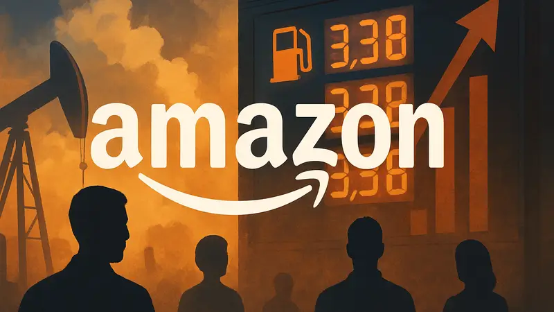 Логотип Amazon на фоне стилизованных цен на топливо, символизирующий новый сбор для продавцов.