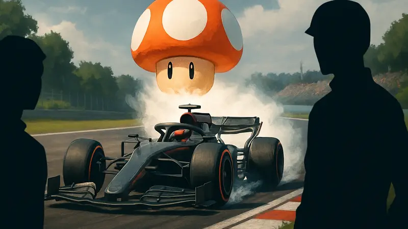 Болид Формулы-1 на трассе с эффектом «гриба» из Mario Kart, метафорически.