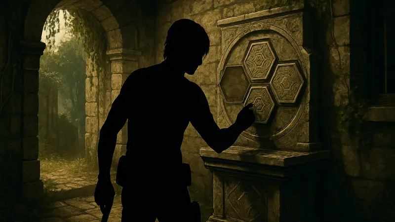 Леон Кеннеди решает головоломку с гексагонами в Resident Evil 4 Remake.