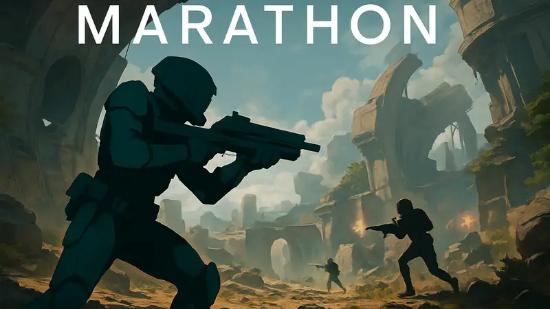 Логотип игры Marathon, персонаж из шутера, игровой экшен в научно-фантастическом сеттинге