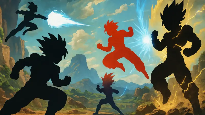 Персонажи Dragon Ball из файтингов, демонстрирующие эпические бои и спецэффекты аниме.