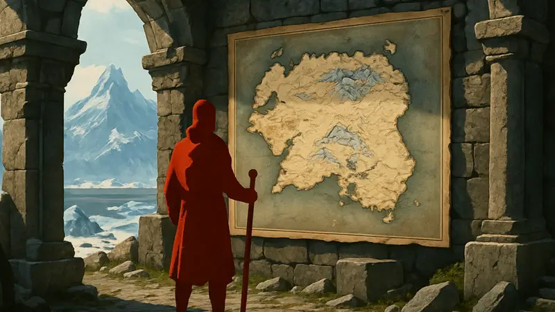 Древние руины или карта Скайрима, демонстрирующая ледяной континент Атморы.