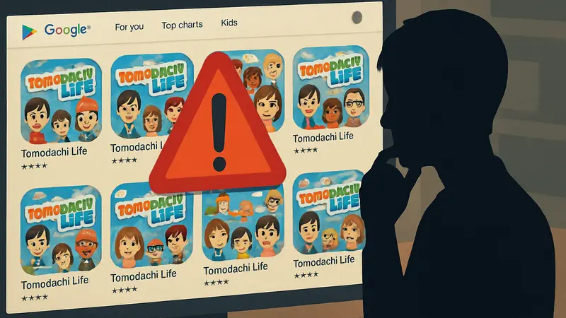 Скриншот Google Play Store с множеством поддельных игр Tomodachi Life, предупреждающий о мошенничестве.