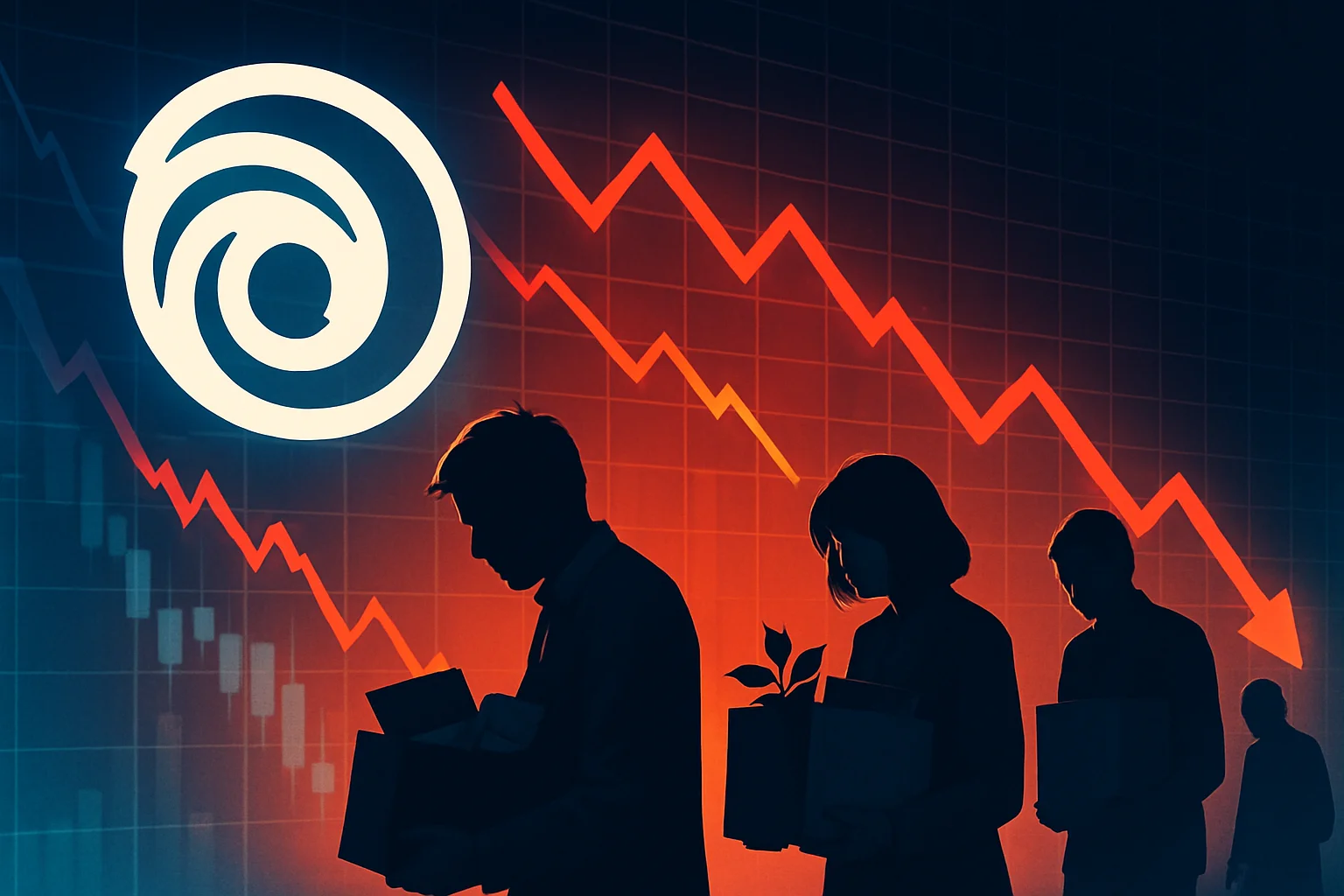 Логотип компании Ubisoft на фоне графиков падения акций и силуэтов уволенных сотрудников.