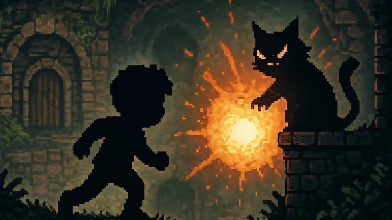 Пиксельная графика из Wish Upon a Cat с главным героем и злобным котом, вызывающим Большой взрыв.