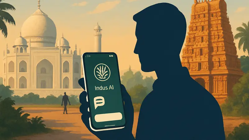 Скриншот приложения Indus AI от Sarvam на смартфоне с индийскими элементами дизайна.