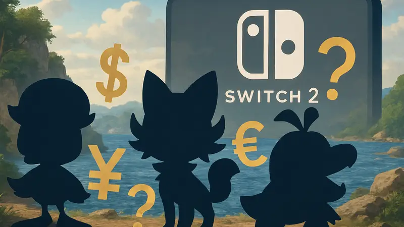 Концептуальное изображение покемонов из игры Pokémon Winds and Waves, окруженных символами валюты или знаками вопроса, на фоне логотипа Nintendo Switch 2.