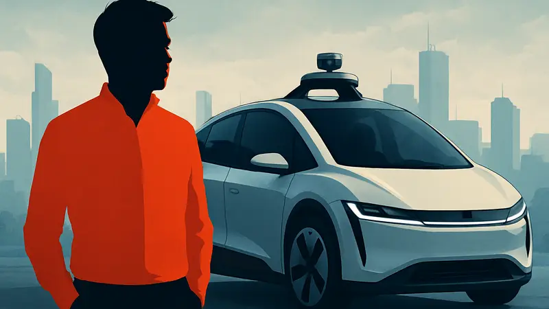 Трэвис Каланик, основатель Uber, на фоне футуристического беспилотного автомобиля, символизирующего его новую компанию.