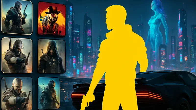 Кадр из Cyberpunk 2077 с Ви и видом на неоновый Найт-Сити, вокруг обложки похожих игр.