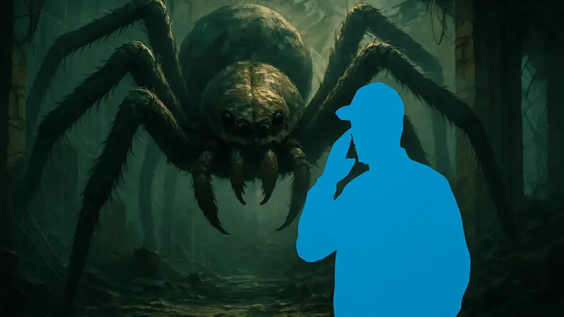 Рэпер Ice-T на фоне гигантского паука из игры Resident Evil Requiem, вызывающего кошмары у игроков.