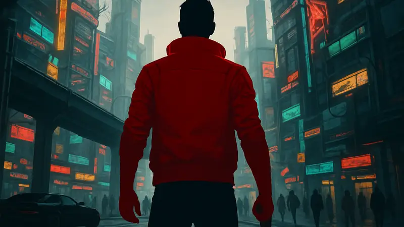 Персонаж Ви стоит на улице Найт-Сити из игры Cyberpunk 2077.