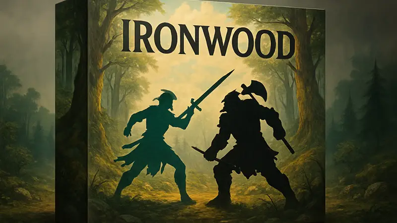 Коробка настольной игры Ironwood на русском языке с иллюстрацией сражения