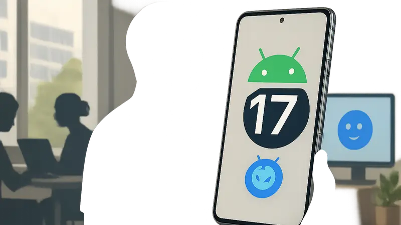 Логотип Android 17 на экране смартфона Google Pixel, демонстрирующий новые функции многозадачности и ИИ Gemini