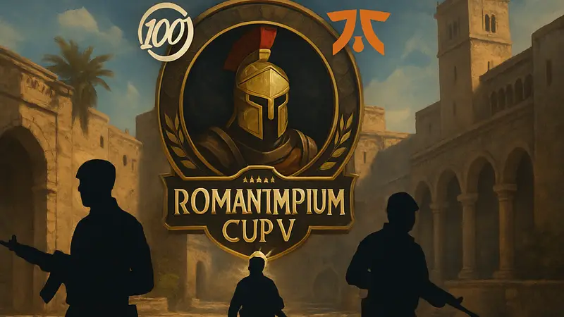 Логотип турнира Roman Imperium Cup V по Counter-Strike 2 с эмблемами команд 100 Thieves и Fnatic.