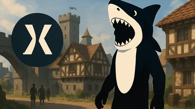 Костюм акулы из RuneScape на игровом персонаже, логотип Jagex на фоне средневекового мира