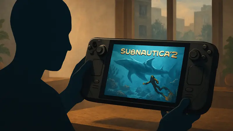 Игровая консоль Steam Deck, на экране которой запускается игра Subnautica 2.