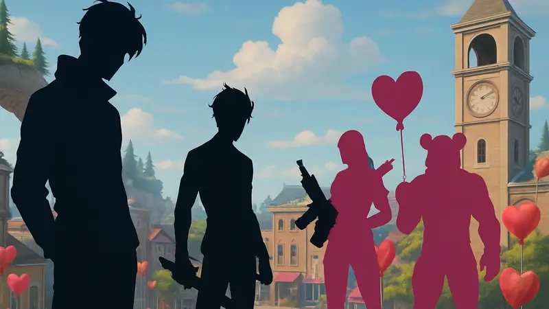 Кроссовер Solo Leveling: Arise x Fortnite, с персонажами игры и атрибутами Дня святого Валентина.