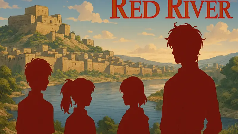 Аниме Sora wa Akai Kawa no Hotori: постер или кадр из тизера с персонажами и логотипом Red River