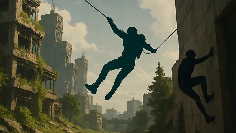 Изображение с демонстрацией новых механик паркура в Echo Point Nova, включая раскачивание на паутине.