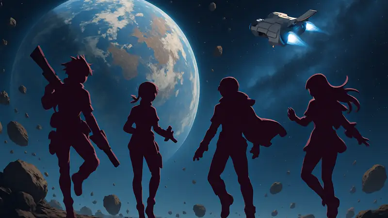 Кадр из геймплейного трейлера Orbitals, демонстрирующий персонажей аниме в космосе.