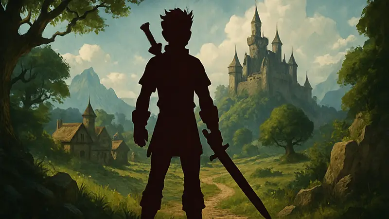 Обложка Fable 1, демонстрирующая главного героя на фоне фэнтезийного мира Альбиона.