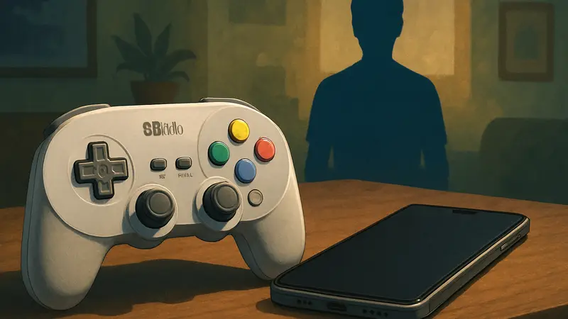 Игровой контроллер 8BitDo 64 Bluetooth, стилизованный под ретро-геймпад, лежит рядом со смартфоном.