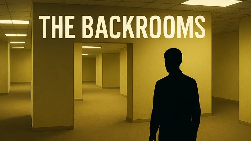 Логотип The Backrooms и изображение пустых жёлтых комнат "Закулисья реальности".
