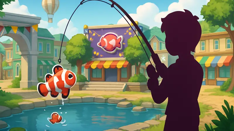Игрок ловит рыбу в игре Heartopia на Фестивале Модульных улиц. Поимка Brick Clownfish.