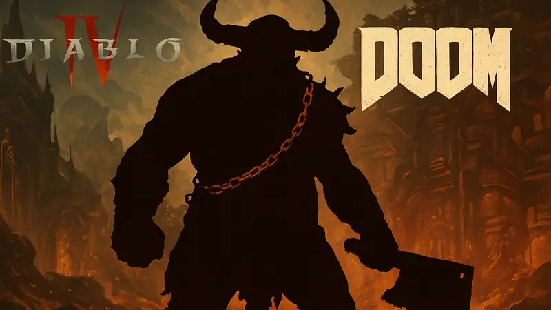 Мясник из Diablo IV в стилистике DOOM, готовящийся к битве на фоне логотипов Diablo IV и DOOM.